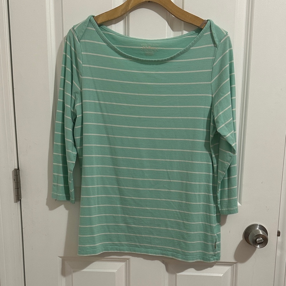 L.L. Bean Mint Green and White Striped Boatneck 3/4 Sleeve Top - Size Medium